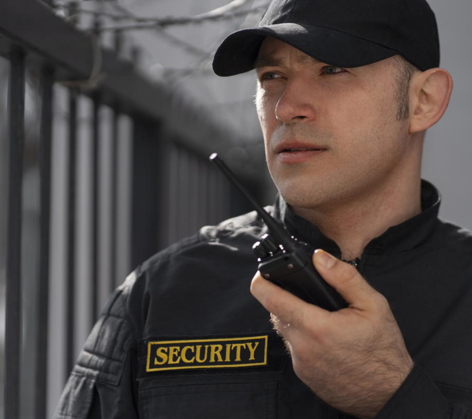 Licensed security officer using a two-way radio for rapid response and communication - Tiger Elite Security Brisbane